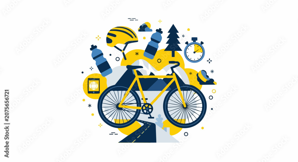 Fototapeta premium Cycling Lifestyle and Outdoor Adventure Flat Vector Illustration with Bicycle and Gear