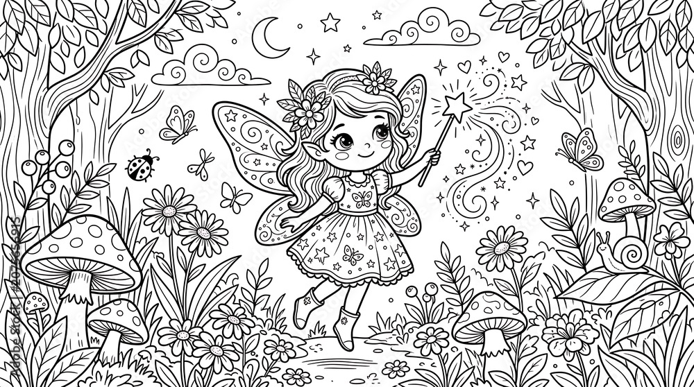 Obraz premium Fairy In Magical Forest Line Art Coloring Page fantasy