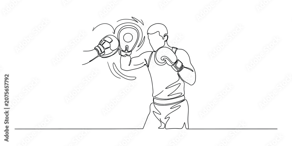 Fototapeta premium Continuous line drawing of a boxer training with a focus mitt showcasing dynamic movement and athletic prowess.