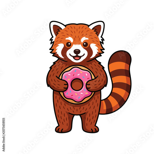 A cute red panda holding a delicious pink frosted donut snack
