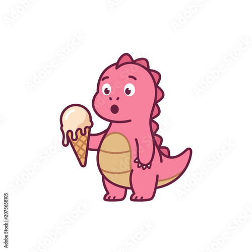 A cute pink dinosaur holds a delicious vanilla ice cream cone