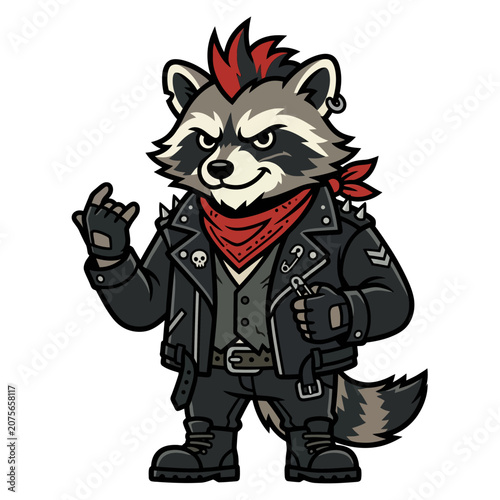 A cool raccoon character wearing a leather jacket and mohawk hair