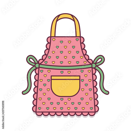 A pink kitchen apron features a cute heart pattern design