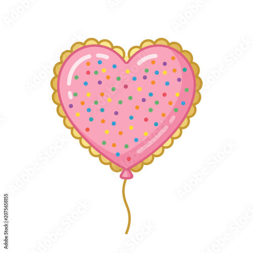 A pink heart shaped balloon with colorful sprinkles is floating