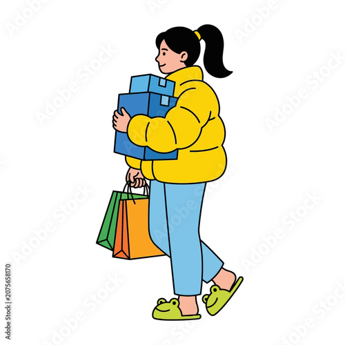 A young woman carries many shopping bags and boxes outdoors