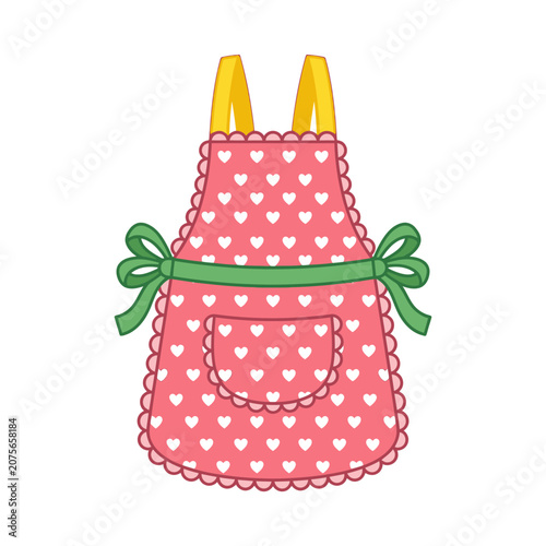 A pink kitchen apron features a cute white heart pattern design