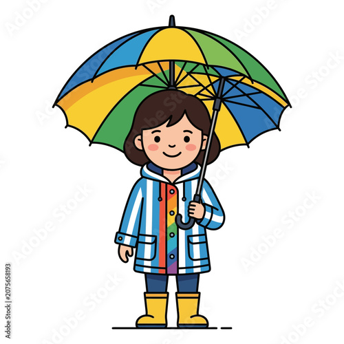 A happy child holds a colorful umbrella during a rainy day