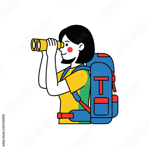 A young traveler looks through binoculars while wearing a backpack