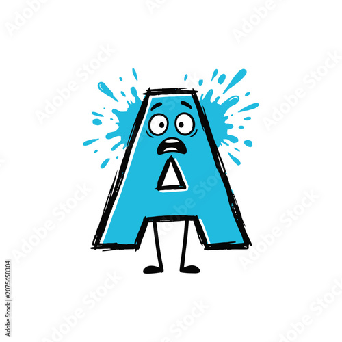 A blue letter character looks very surprised with a splash