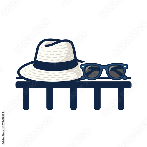 A straw hat and dark sunglasses rest on a wooden shelf