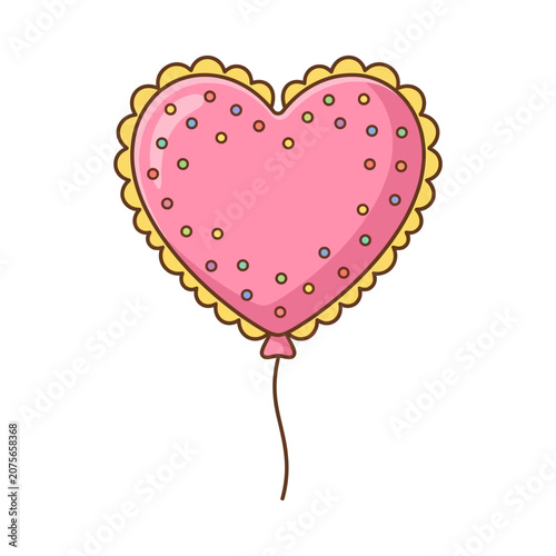 A pink heart shaped balloon with colorful sprinkles is shown