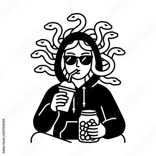 A cool person with snakes for hair drinks a cold beverage