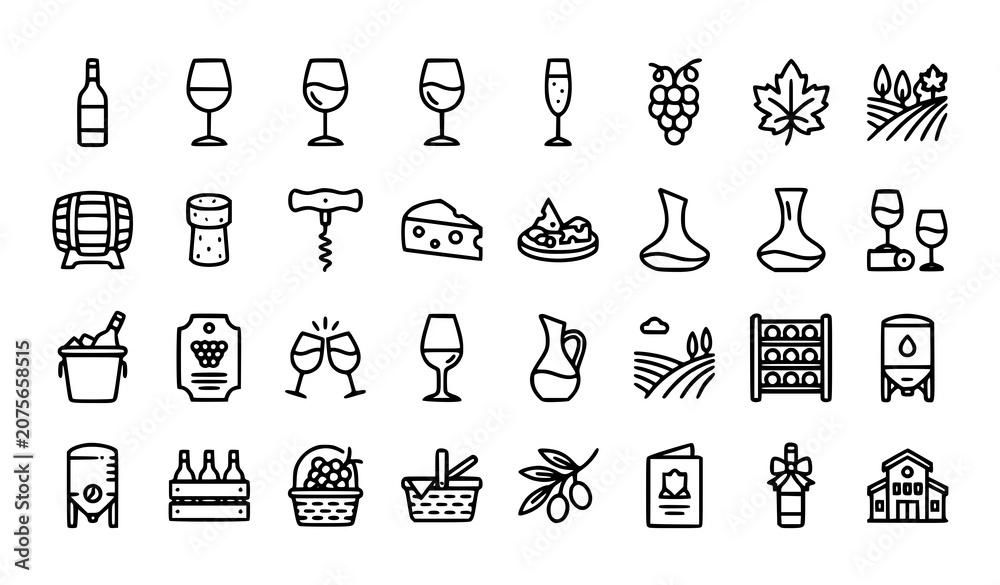 Fototapeta premium Editable Stroke Wine Thin Line Vector Icons Set with Grapes Cheese Barrel Bottle and Glass