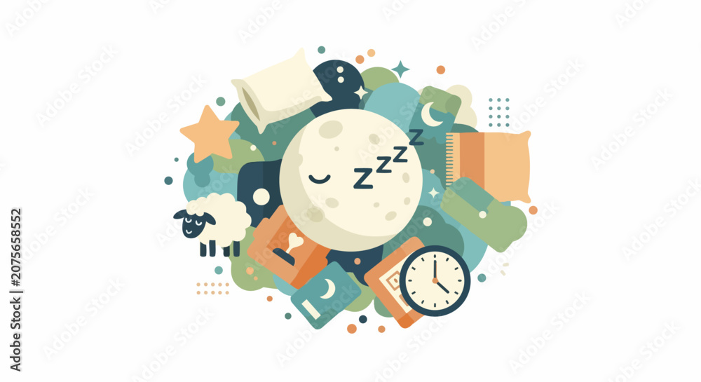 Naklejka premium Flat Vector Illustration of Sleep Cycle and Bedtime Routine Concept with Moon, Sheep, and Wellness Icons