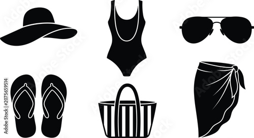 Slika na platnu Summer beachwear and vacation fashion icons set featuring black silhouettes of s