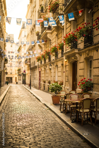 Classic Parisian street decorated for Bastille Day celebration