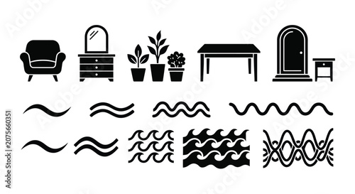 Furniture and wave silhouettes on a white background