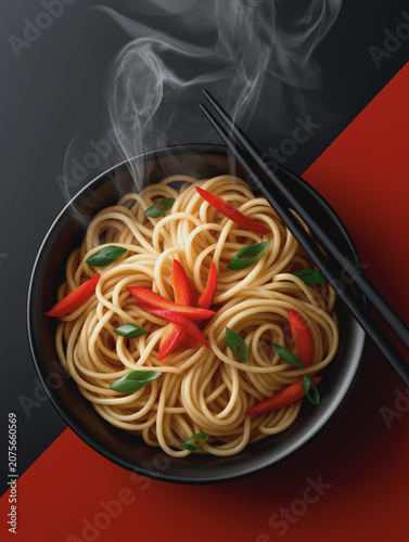 Bowl of Chinese noodles ready to eat with chopsticks