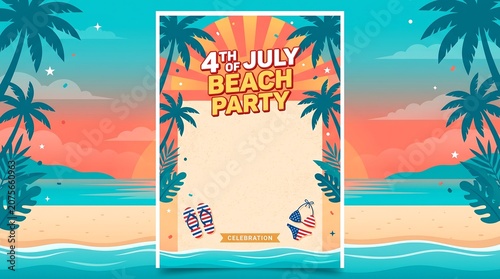 Colorful tropical beach party poster with palm trees and sunset sky