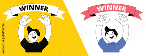 фотографія Happy person holding up a winner banner illustration