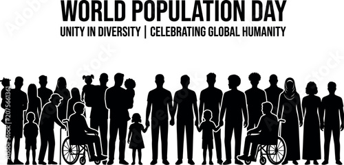 Diverse human silhouettes celebrating World Population Day on white background with unity and global humanity theme