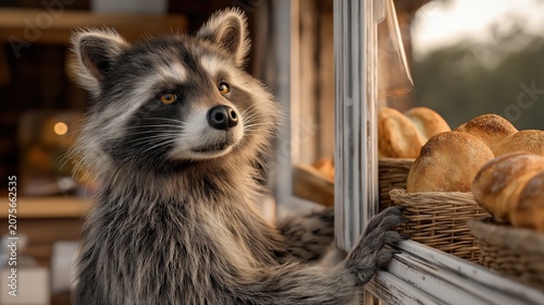 A raccoon opening its own neighborhood bakery and carefully arranging fresh bread in the shop window, illuminated by warm golden morning light and surrounded by a cozy atmosphere of craftsmanship.