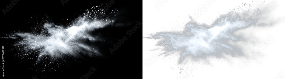 Fototapeta premium White dust particle sprite impact effect with misty edges isolated on transparent and black background, showing a burst of fine particles, PNG with a light overlay