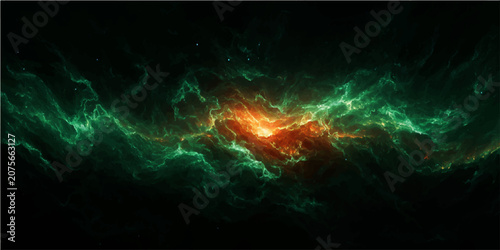 Obraz na plátně Cosmic nebula vibrant hues emerald green fiery orange, vast celestial expanse, ethereal glow, deep space phenomenon