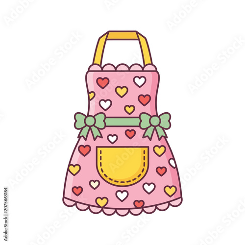 A cute pink kitchen apron features colorful heart patterns and bows