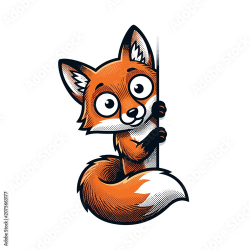 A cute cartoon fox peeking from behind a vertical white wall