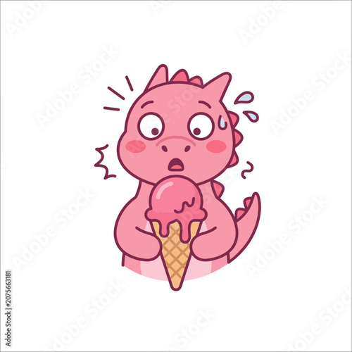 A cute pink dragon is surprised by a melting ice cream cone
