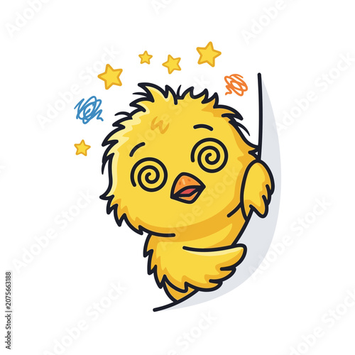 A cute yellow bird feels dizzy with stars around its head