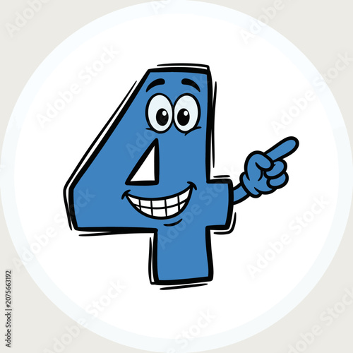 A cheerful blue cartoon number four character pointing to something
