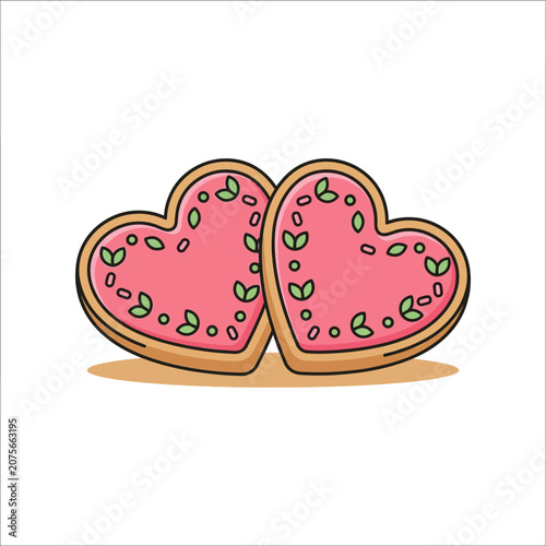 Two heart shaped cookies with pink icing are displayed together