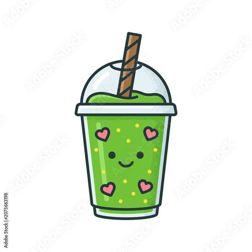 A cute green smoothie drink in a plastic cup with straw