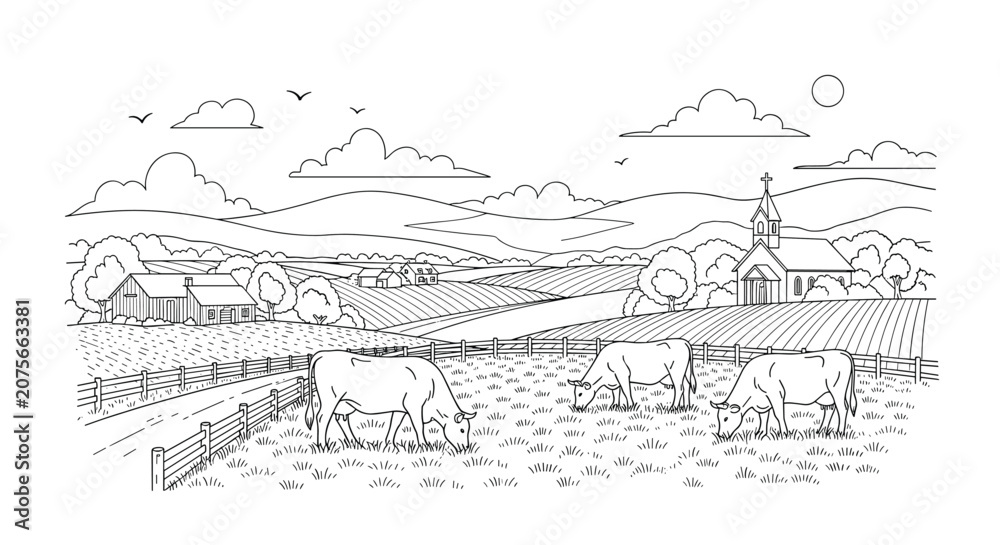 Fototapeta premium Countryside farm landscape sketch with cows grazing in pasture, hills, church, and wooden fence, vector line art.