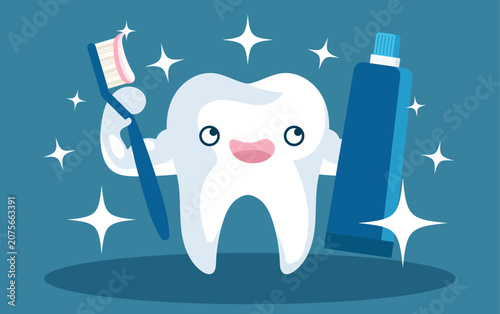 Cute Happy Tooth Mascot Character with Toothbrush and Toothpaste Illustration