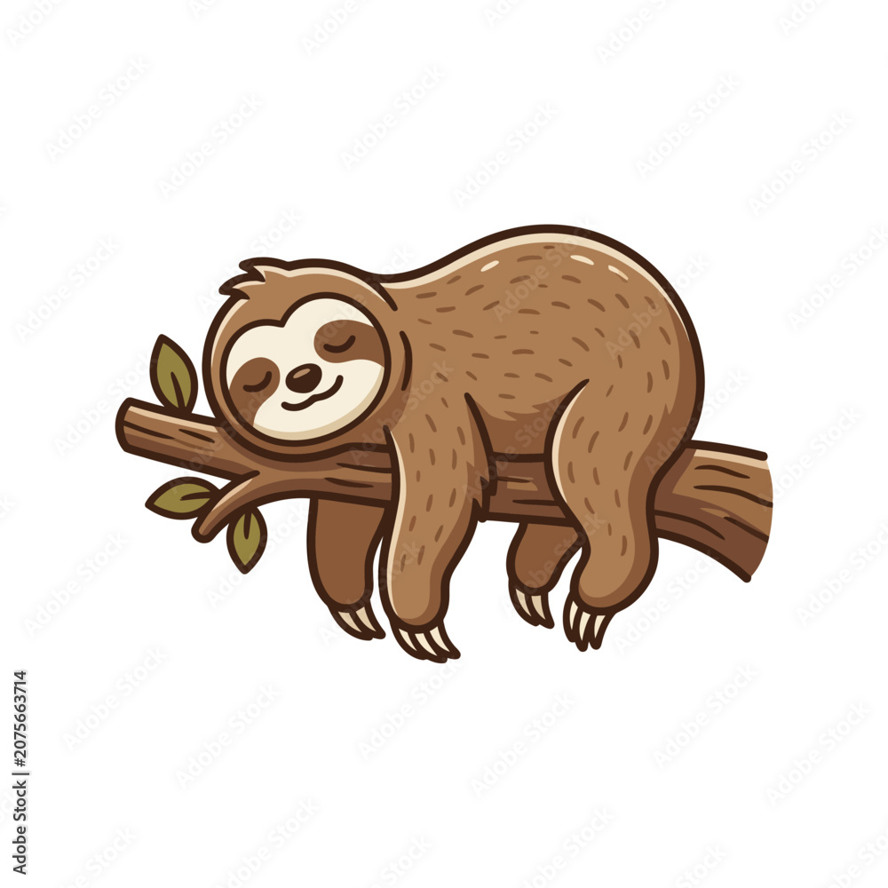Obraz premium A cute cartoon sloth is sleeping peacefully on a tree branch