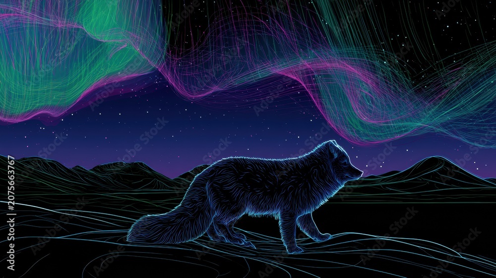 Fototapeta premium An arctic fox moves under the bright northern lights with shades of green, violet, and pink in the dark night sky of the Arctic.
