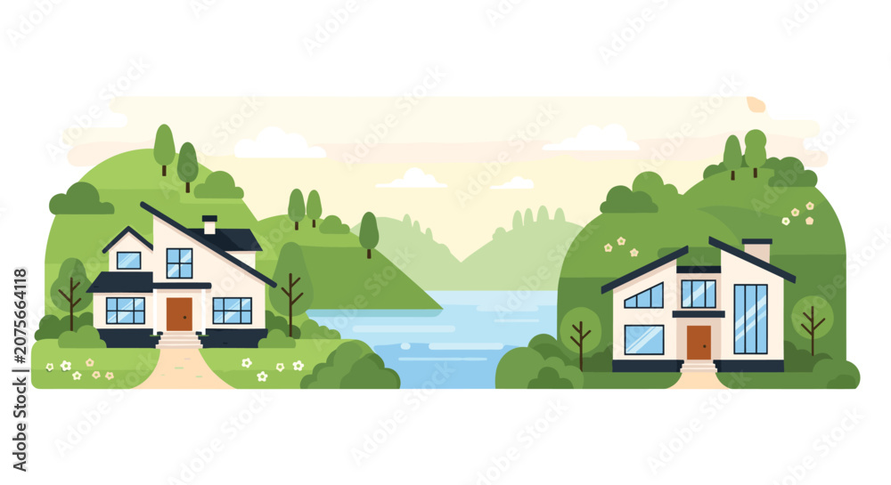 Naklejka premium Charming suburban landscape vector illustration featuring two modern cottages by a calm lake with green hills in the distance.