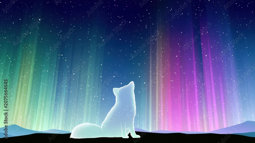 Fototapeta premium An arctic fox stands still as vibrant northern lights glow above in shades of green, violet, and pink in a dark sky.