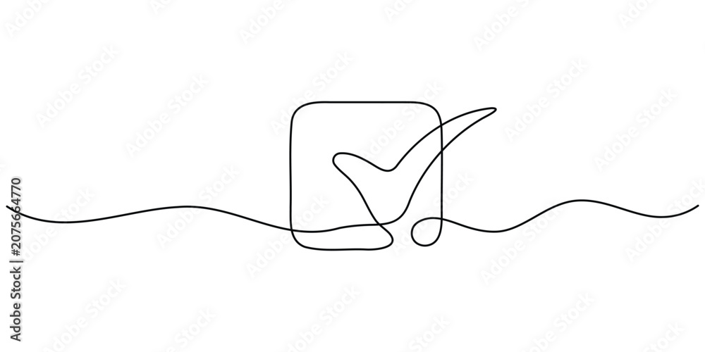 Obraz premium Check Mark One Line Drawing Minimalist Verification Icon Vector Illustration