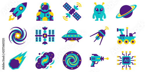 Canvastavla Colorful space and science fiction vector icons collection featuring rocket astronaut alien and planets