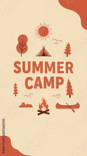 Animated summer camp poster with tent, campfire, canoe and nature icons in warm beige and orange tones, vertical triptych with subtle pan motion