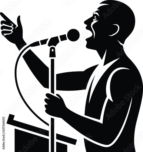 Cuadro en lienzo Public speaker pointing and shouting into a microphone at a lectern, black and w