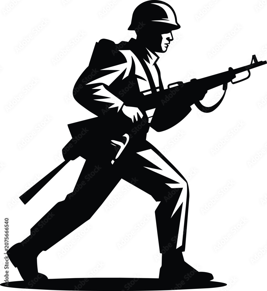 Fototapeta premium Soldier silhouette running with a rifle, combat infantryman in tactical gear carrying weapon during mission, black and white ink drawing