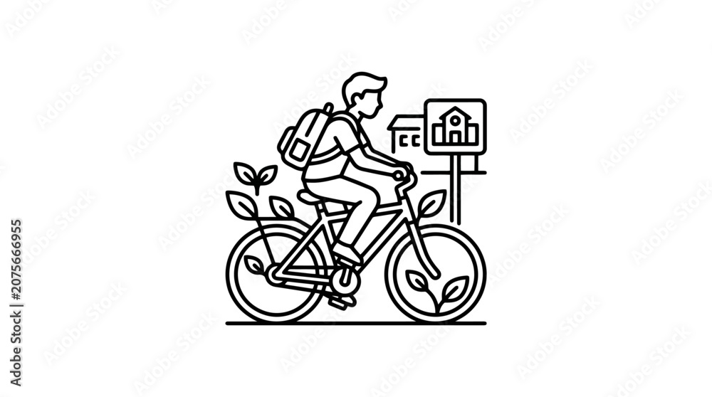 Fototapeta premium Man riding bicycle with house background.
