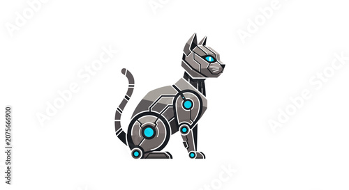 A futuristic robotic cat with blue eyes.