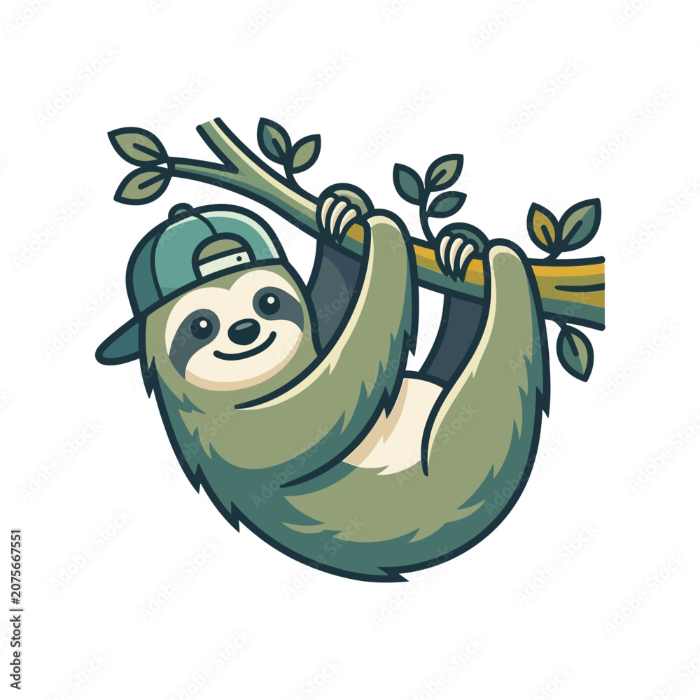 Obraz premium A cute cartoon sloth wearing a cap hangs from a tree