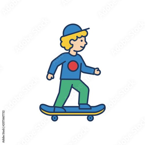 A cartoon boy is riding a skateboard on a white background